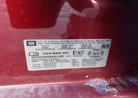 2014 GMC Sierra K1500 Sle из США, поврежденный, VIN 3GTU2UEH2EG451368